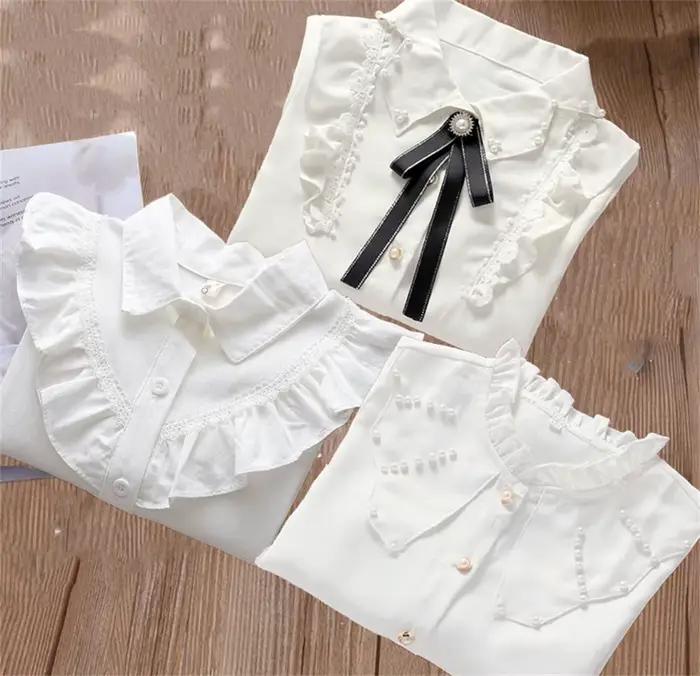 Chemisier en dentelle de polyester pour filles, chemise blanche avec manches longues pour enfants, style mode, couleurs variées, pour occasions spéciales et quotidienne ```