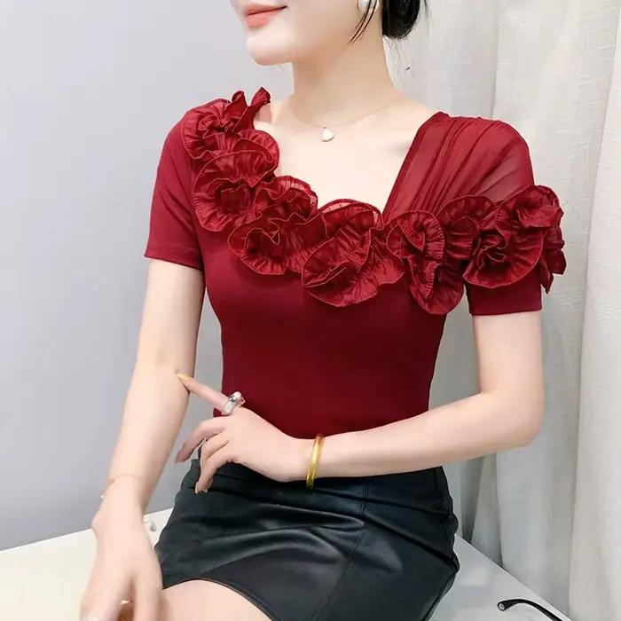 T-shirt d'été féerique en coton et élasthanne avec décolleté asymétrique et volants pour femme style fairycore occasions estivales