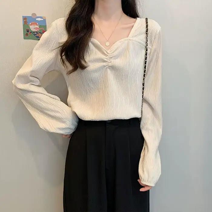 Chemise élégante en polyester pour femme à col en V et manches longues style bureau occasions professionnelles automne hiver