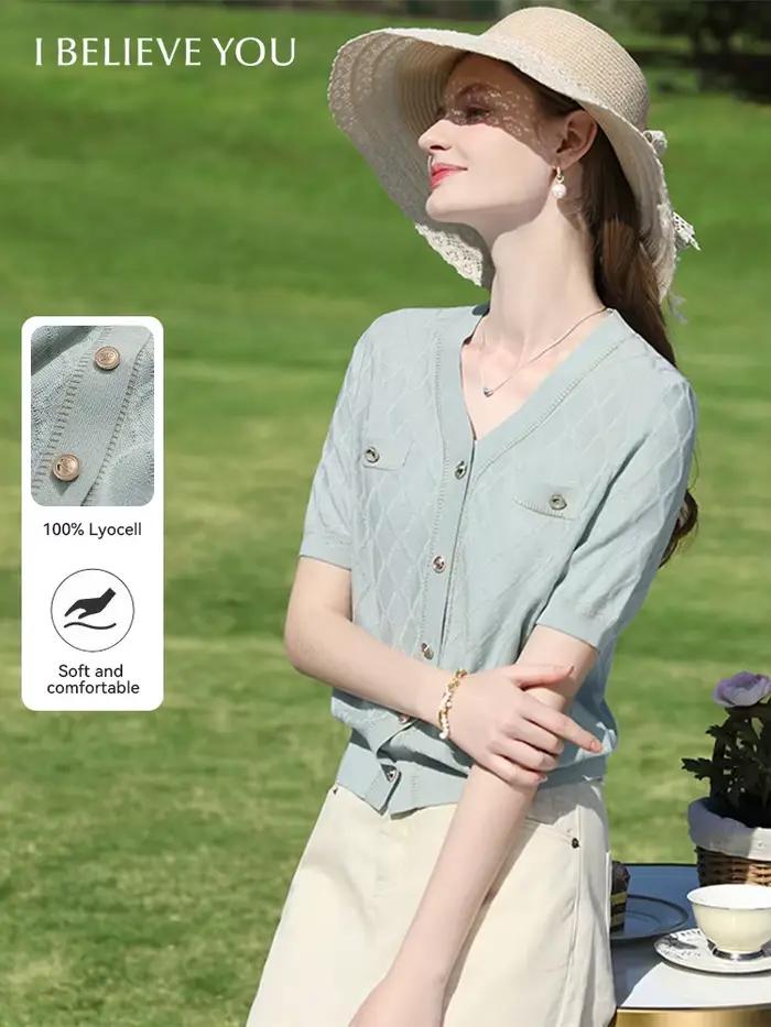 Je vous crois vert français parfumé carré tricoté pull été 2025 fausse poche Patch hauts simple boutonnage