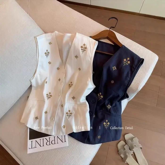 Débardeur Femme Sans Manches Col V Ample Été Tendance Coton Lin Uni Boutonnage Simple Broderie Vintage Camisole
