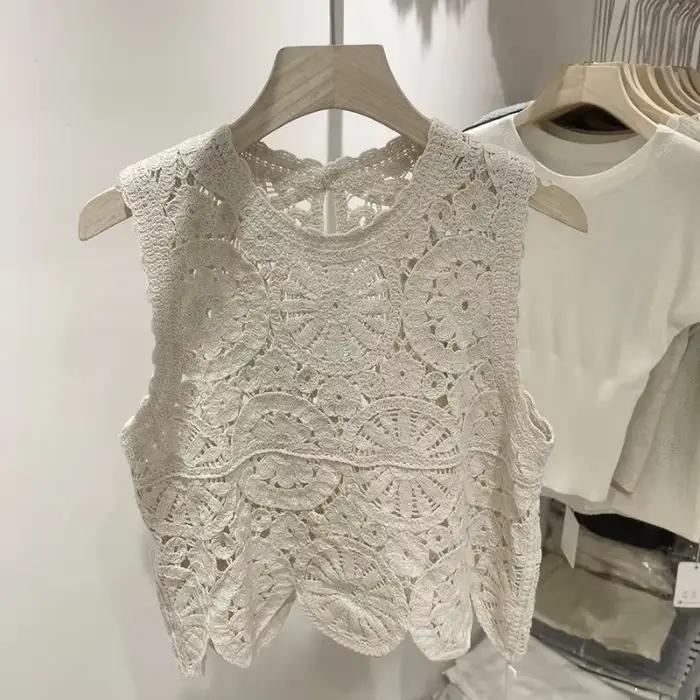 Débardeur décontracté pour femme en dentelle polyester motif floral ajouré coupe ample été plage quotidien