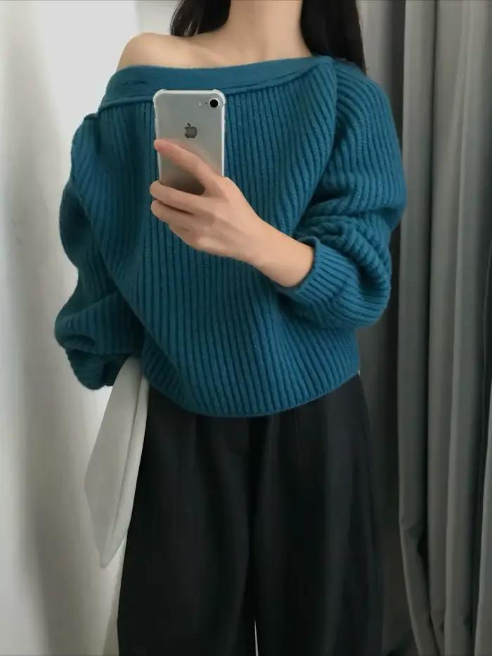 Tricot épais corée Pull Femme asymétrie épaules dénudées col incliné Sexy