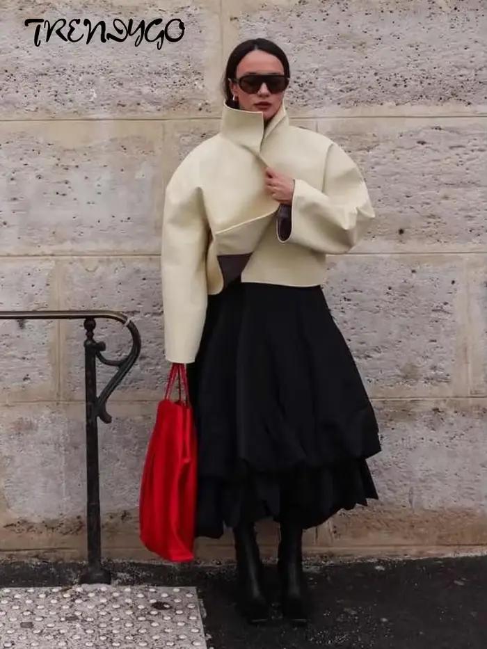 Veste courte oversize en similicuir à col roulé pour femme, vêtement d'extérieur chic, coupe ample, streetwear tendance, soirée élégante, polyester doux, style high street
