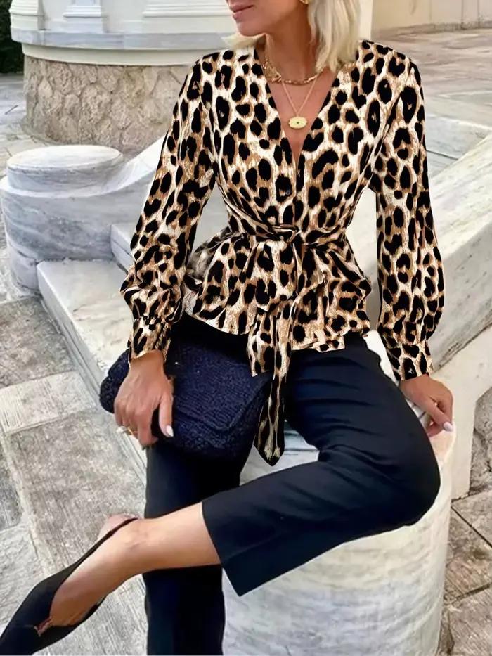 Chemisier Femme Printemps-Été Imprimé Léopard Col V Manches Longues avec Nœud à la Taille Ourlet Volanté Coupe Ajustée Tendance Quotidien Décontracté Rendez-vous