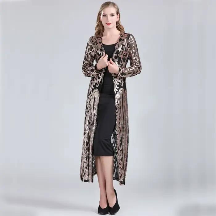 Robe cardigan brodée en polyester sexy et club pour femmes, ouverture avant, paillettes, occasions spéciales, soirées chic, banquets formels