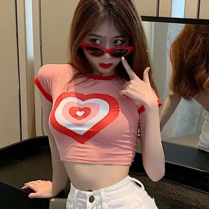T-shirt court rose ETHSOUL à la mode avec motifs dessins animés pour femmes junior été sexy