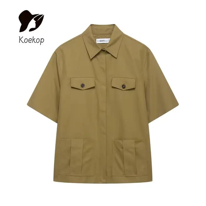Koekop Chemise ornée de poche à revers de couleur unie pour femme et short plissé vintage décontracté