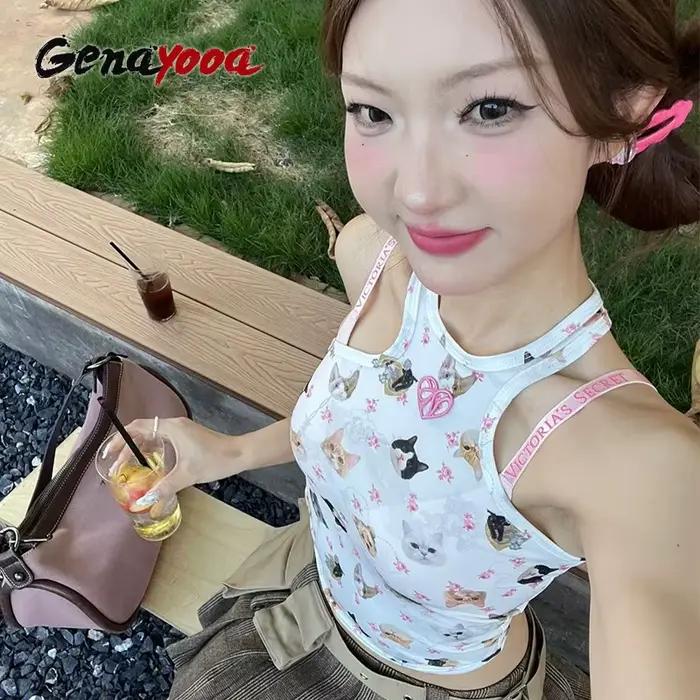 Ganayooa-Crop rétro imprimé chat vintage pour femmes