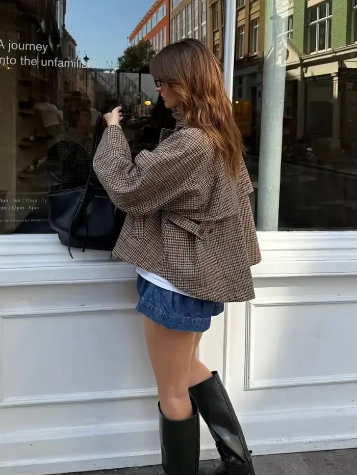 Veste à carreaux femmes automne hiver col roulé polyester longueur asymétrique high street pour occasions spéciales