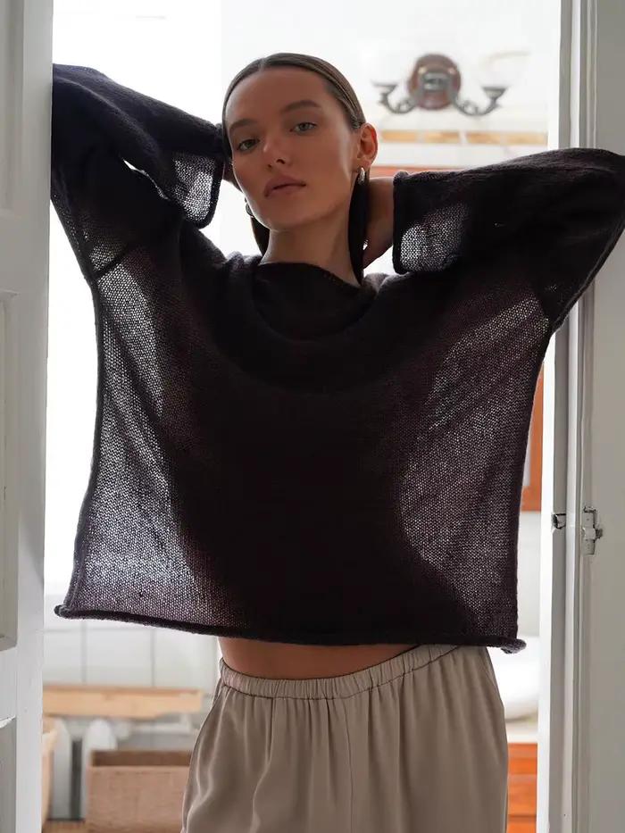 Élégant voir à travers pull tricoté femmes été décontracté mode pulls amples Chic rose blanc surdimensionné