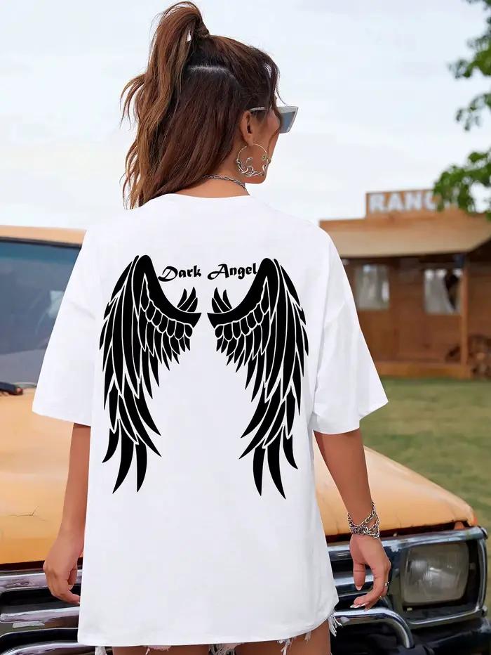 T-Shirt Dark Angel Wing pour Femmes, Imprimé en Coton, Style Streetwear pour Occasions Spéciales et Vie Quotidienne