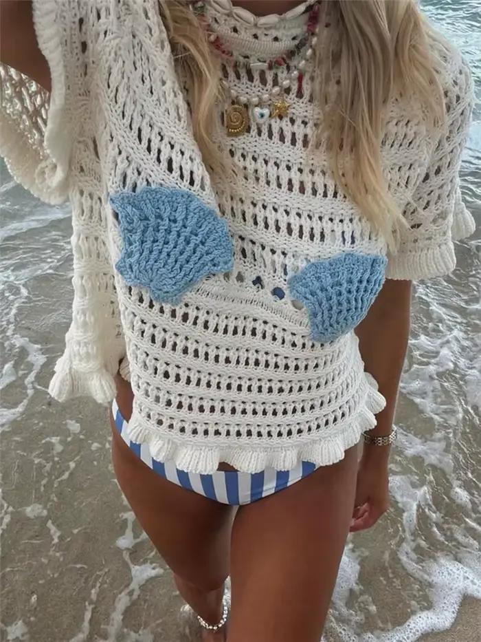 Blouse Femme en Crochet Coquillage pour Vacances d'Été