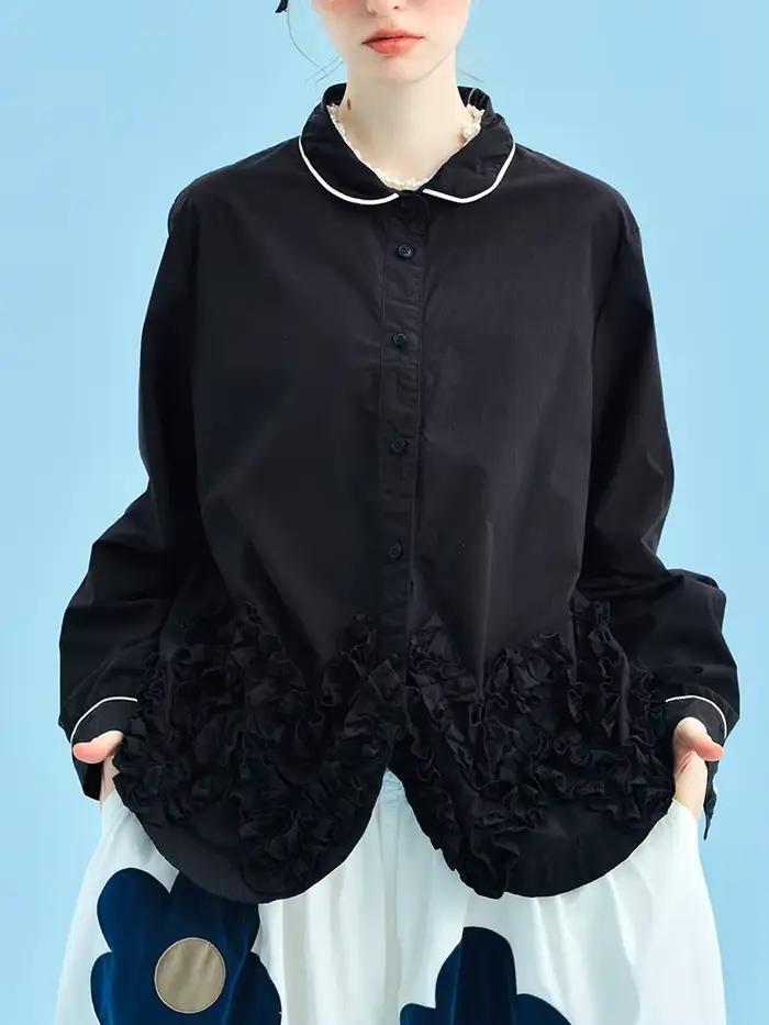 IMAKOKONI 2025 nouveau chemisier noir col claudine Vintage Streetwear haut surdimensionné printemps femmes tenue décontracté 255044
