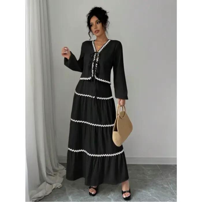 Ensemble 2 pièces pour femme blouse col en V avec nœud et dentelle jupe longue à volants étagés style bohème décontracté pour printemps et automne occassions bureau shopping soirées