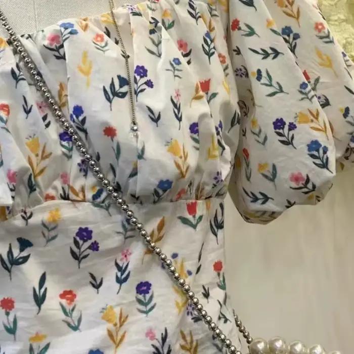 Chemisier floral court à manches bouffantes pour femmes junior, style français élégant, romantique et doux pour occasions spéciales et tenues quotidiennes