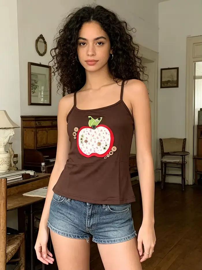 Débardeur Cami Marron Femme Tendance Y2K Vintage Décontracté avec Bretelles Fines Ajustables