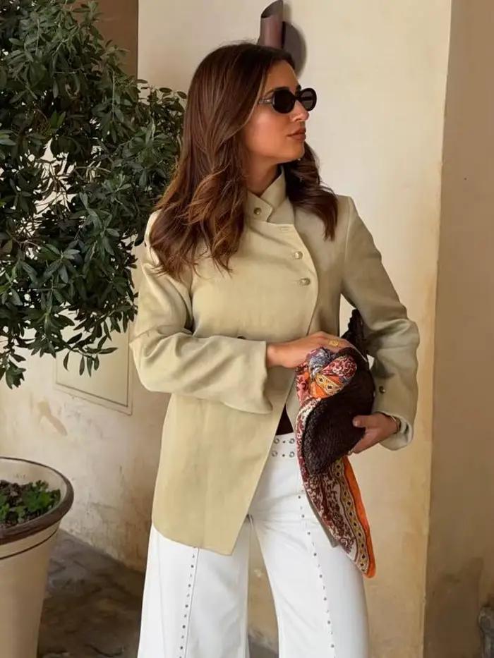 HH Nouvelle Veste Blazer Femme Tendance à Col Montant et Manches Longues