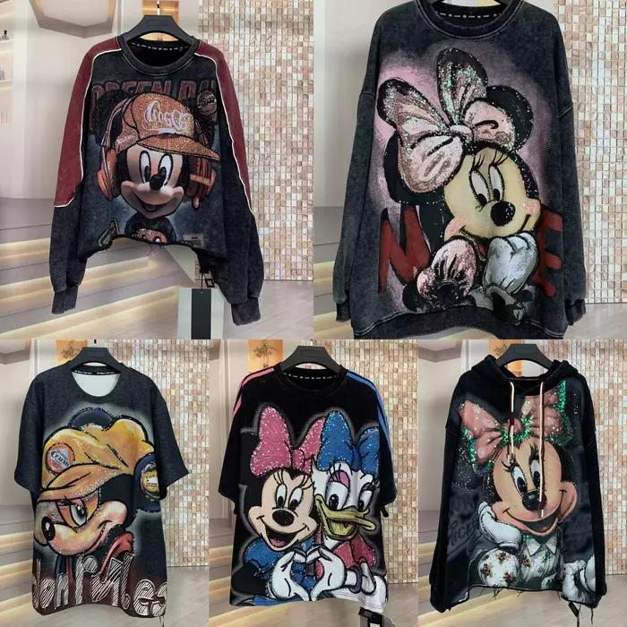 T-shirt ample à col rond imprimé de lettres et dessins animés à paillettes style industriel européen et américain pour femmes occassions spéciales
