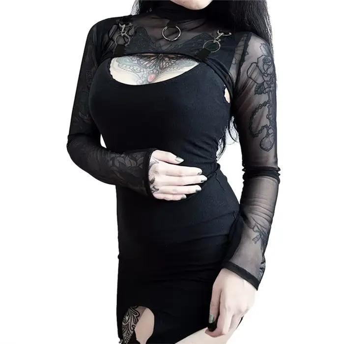 Lamuusaa y2k haut court femmes vêtements gothiques voir à travers col