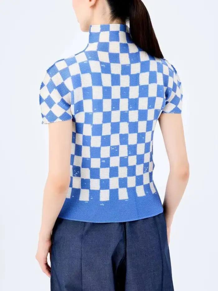 T-shirt LANMREM Plaid Imprimé Bleu Taille Unique pour Femmes Style Décontracté et Élégant Occasions Spéciales