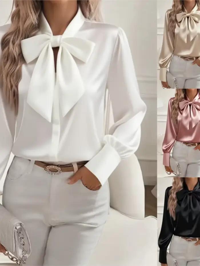 Coréen élégant bureau Blouses femmes automne mode nœud cou Blusas manches bouffantes chemises Mujer hauts printemps décontracté solide chemise de travail