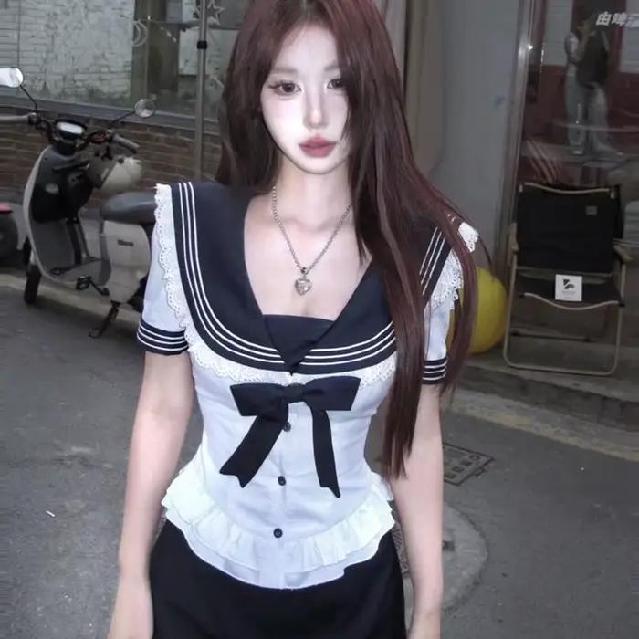 Deeptown doux noeud marin col femmes chemises blanc dentelle à manches courtes mode japonaise Blouses mince Preppy Jk jeune été