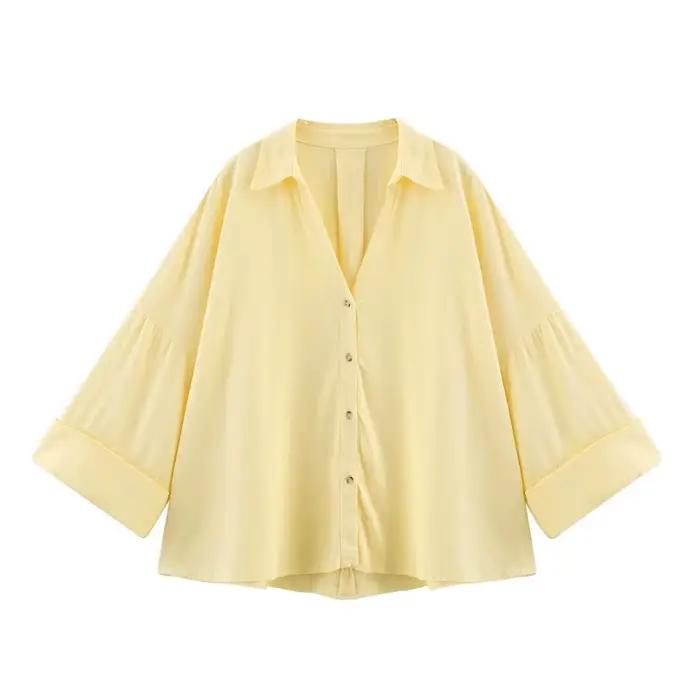 Chemise MUJER décontractée en polyester rayé pour femmes, ample, décontractée, col rabattu, polyester, ajustement lâche, boutons simples, pour plage et événements estivaux