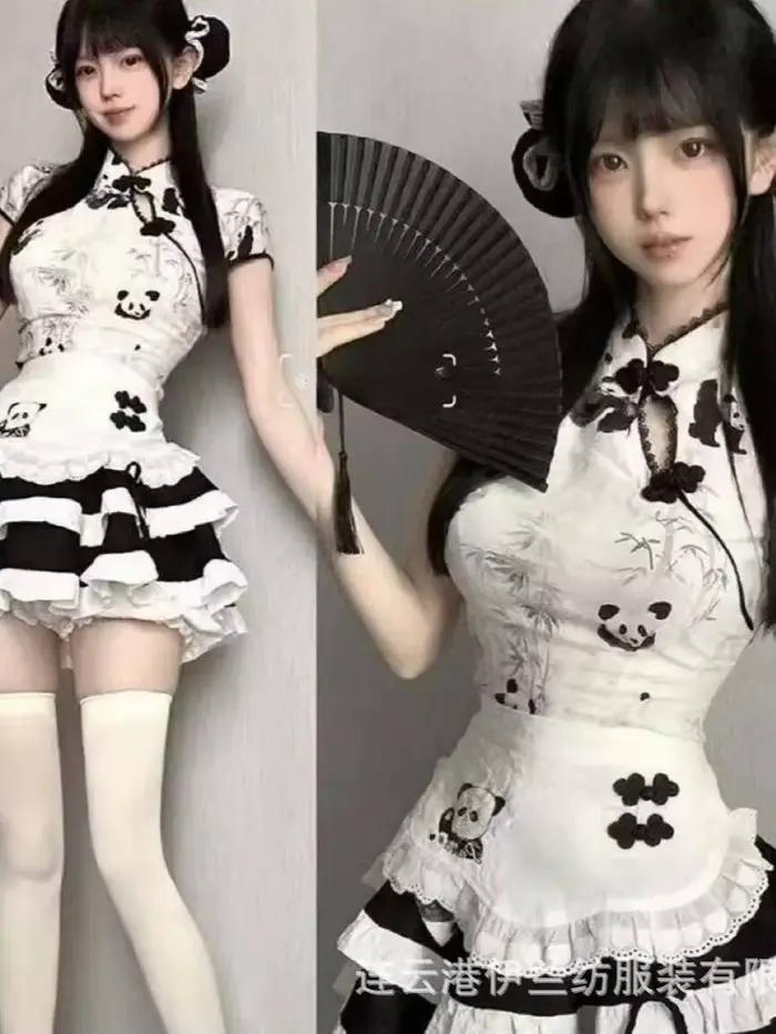 Cos Halloween Cosplay mignon fille nouveau Style chinois Panda imprimé haut avec taille haute effet minceur moelleux gâteau jupe femme de chambre avril