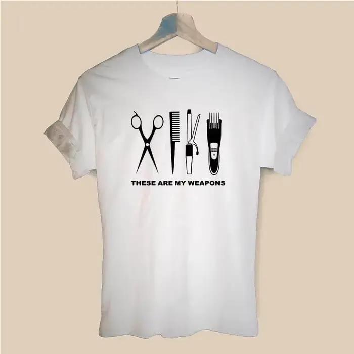 T-shirt de coiffeuse en polyester, motif ciseaux, décontracté pour femmes et filles, col rond, couleurs variées, ajustement confortable, usage quotidien et professionnel