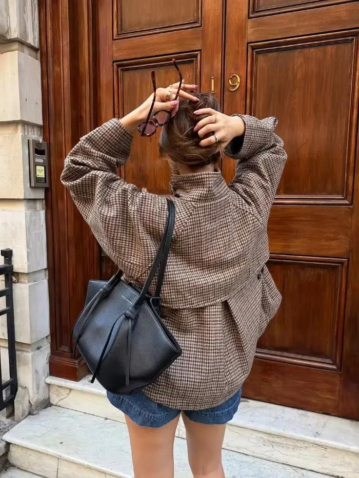 Veste à carreaux femmes automne hiver col roulé polyester longueur asymétrique high street pour occasions spéciales
