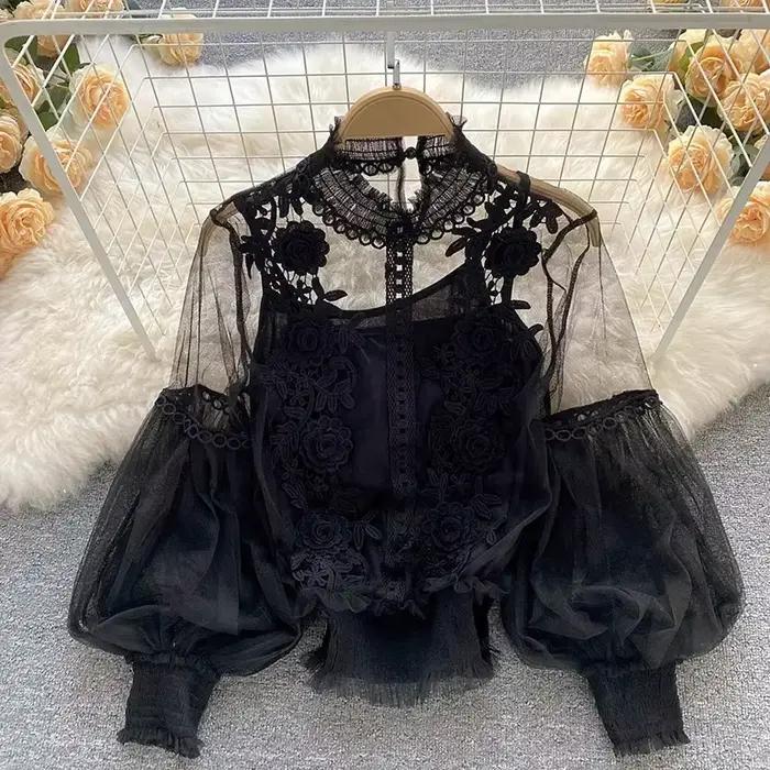 Chemisier à manches bouffantes en dentelle vintage pour femmes, style bureau dame, élégant pour toutes les occasions spéciales
