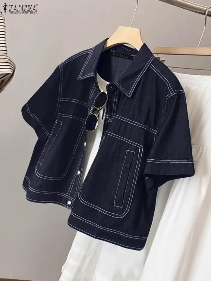 ZANZEA femmes Denim-like contraste-point chemises mode col rabattu manches courtes boutonné chemise femme hauts Streetwear 3XL
