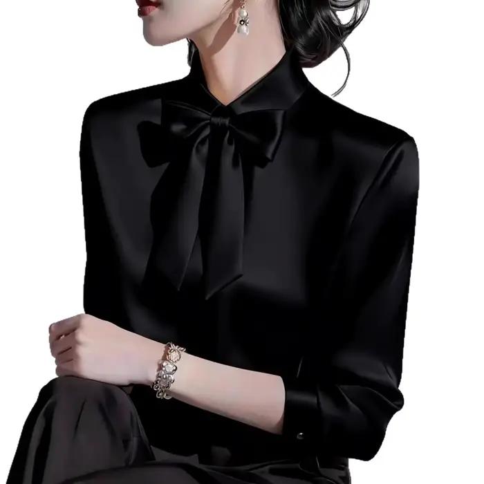 Chemise en satin à manches longues pour femme avec col à nœud papillon