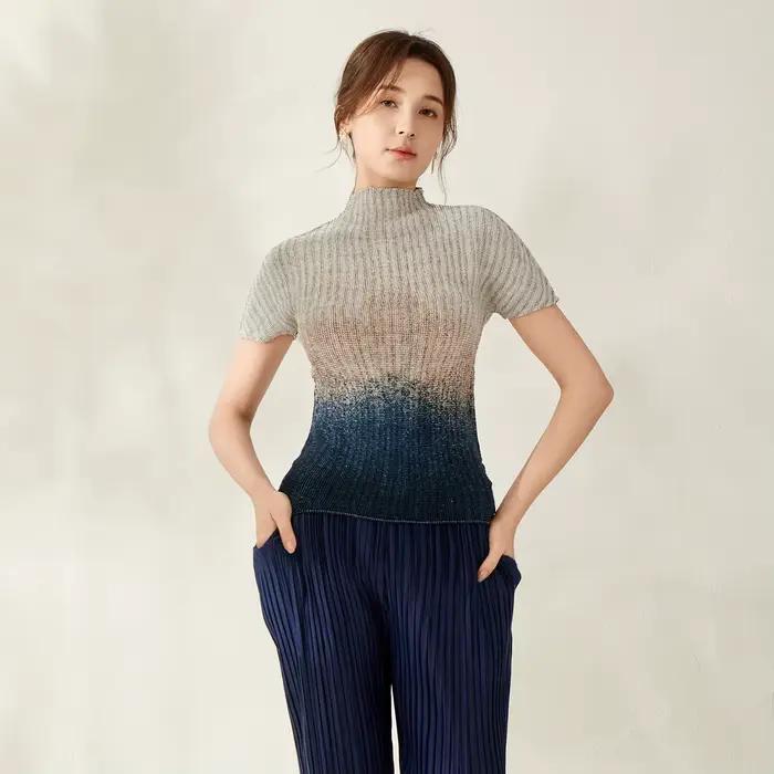 T-shirt plissé dégradé pour femme col roulé manches courtes coupe ajustée polyester été occassions spéciales