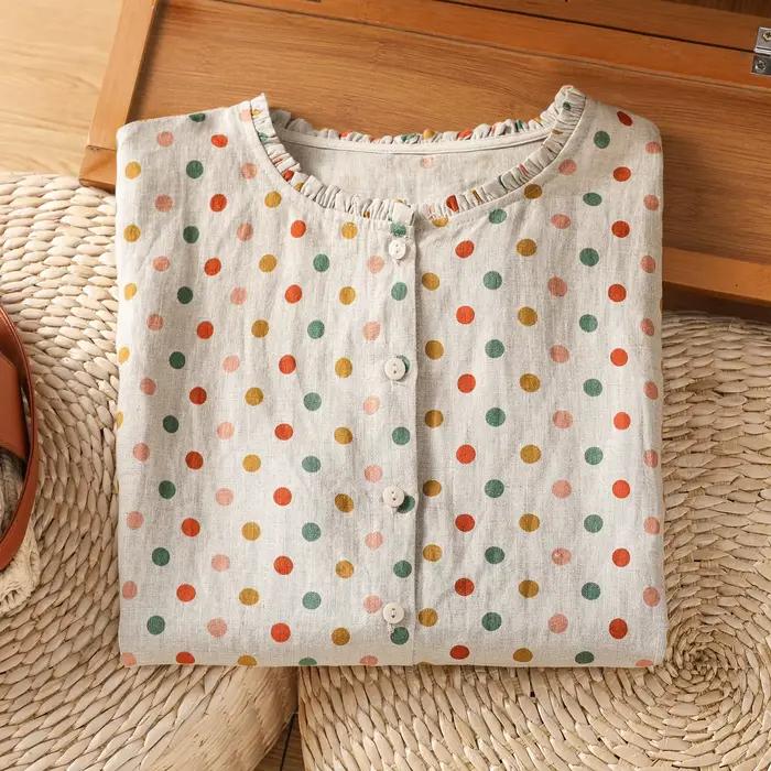 Chemise à pois en lin décontractée pour femmes style universitaire junior été ocassions spéciales