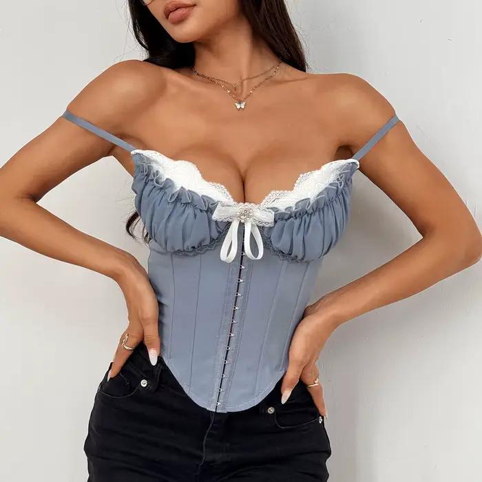 SSexy col en V Y2K haut court dentelle Patchwork plissé nœud papillon