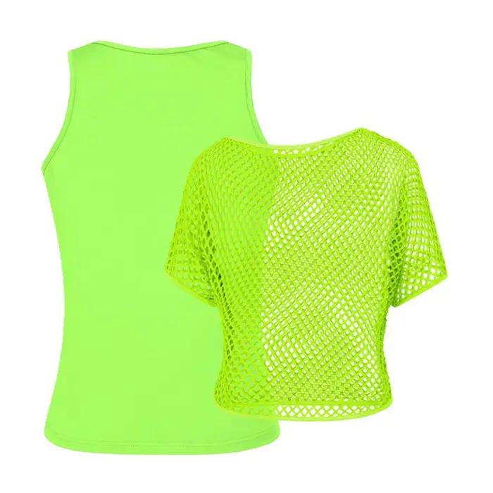 Femmes années 80 Disco néon résille t-shirts hauts à manches courtes évider maille haut court Sexy Punk Camisole couverture Rave fête Clubwear