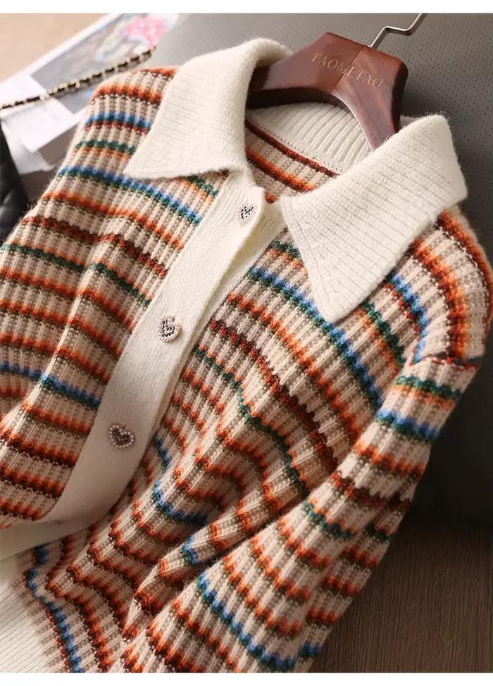 Cardigan court à rayures colorées pour femmes style vintage col rabattu coupe ample polyester haut tendance printemps automne