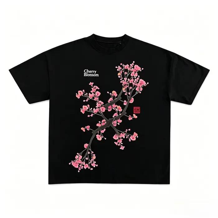 T-shirt à fleurs de cerisier décontracté en coton pour femmes et hommes, surdimensionné, streetwear, imprimé graphique, adapté aux quatre saisons, pour usage quotidien et occasions spéciales