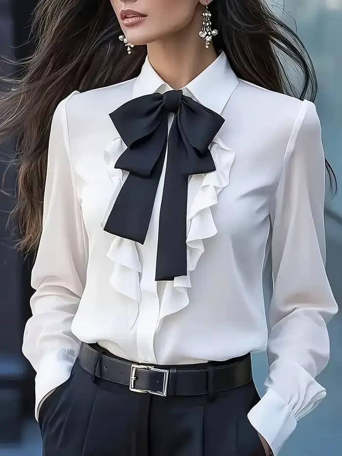 Chemisier formel à manches longues pour femmes avec col de chemise et nœud papillon pour soirées officielles automnales et occasions spéciales