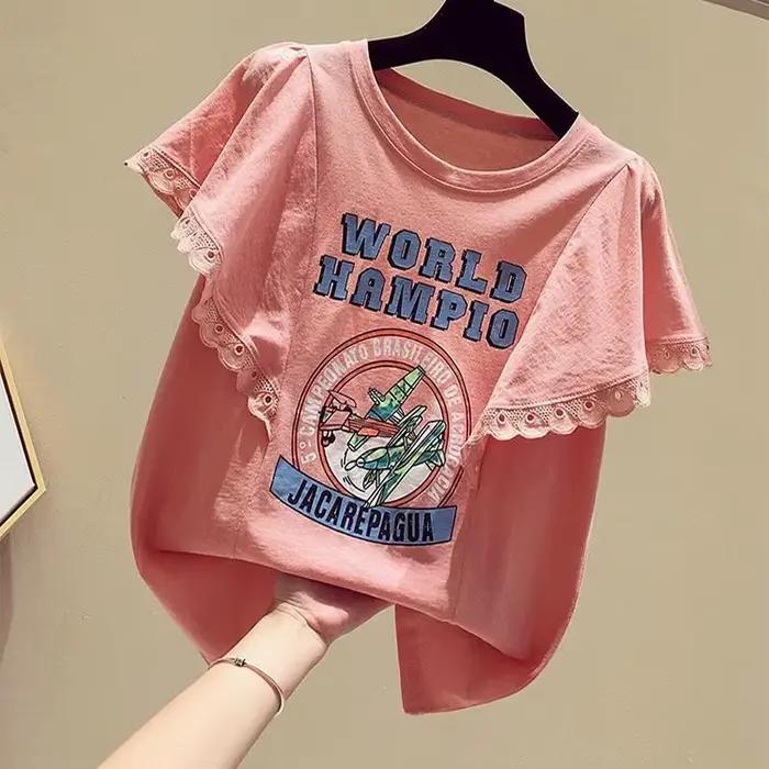 T-shirt ample et décontracté pour femme avec motif dessin animé et volants pour l'été