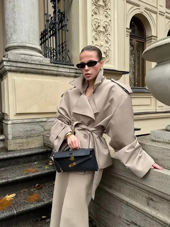 Dame couleur unie à lacets veste élégant Chic à manches longues revers bouton manteau ample automne Style de rue