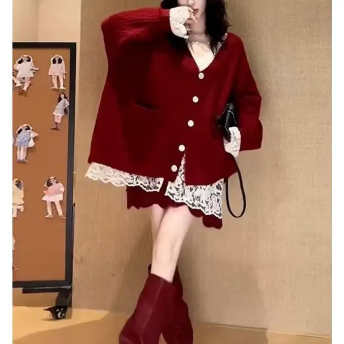 Pull rouge de Style paresseux rétro français