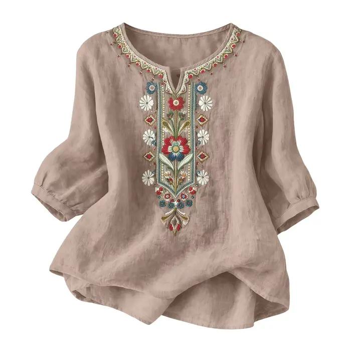 Chemise en polyester WHooHoo pour femmes avec broderie rétro, coupe ample et manches 3/4 pour des tenues estivales élégantes et décontractées