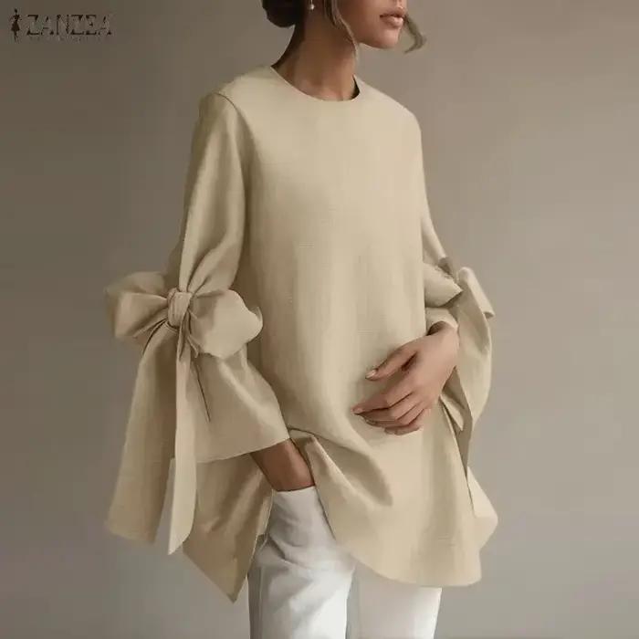 2026 ZANZEA mode femmes nœud 3/4 manches Blouse élégant bureau dame chemises printemps col rond décontracté ample solide hauts de fête Blusas