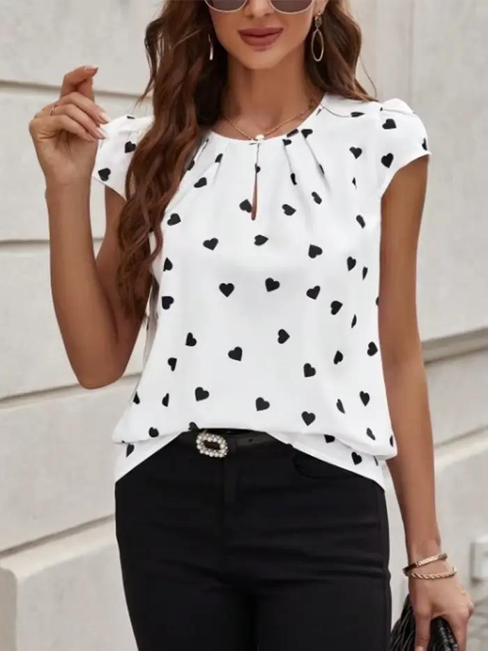 Chemise plissée à manches courtes et col rond pour femme
