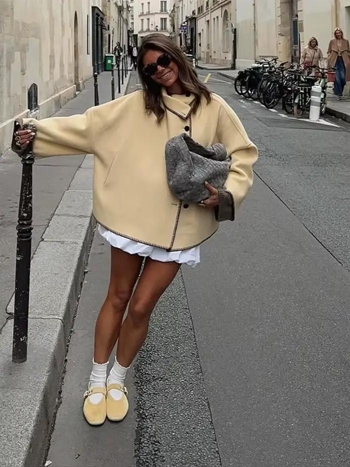 Col haut manches longues veste femme couleurs contrastées simple boutonnage ample Chic manteau décontracté polyvalent femmes nouvelles vestes chaudes