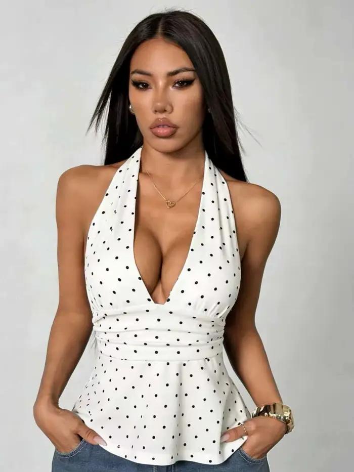 Haut halter à pois pour femme style streetwear été dos nu à nouer élégant pour les occasions spéciales