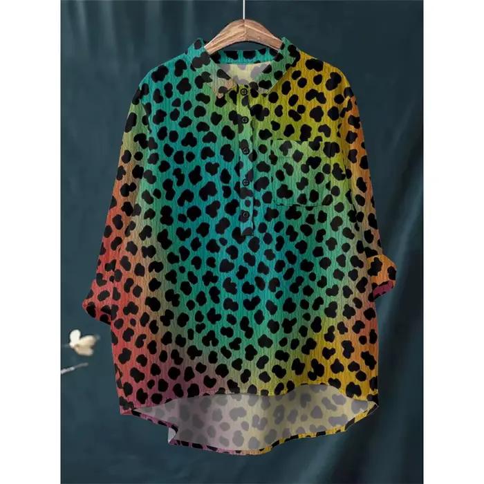 Chemise surdimensionnée à imprimé léopard bleu pour femmes, chemisier décontracté ample à manches longues et col demi-bouton avec poche, hauts confortables pour occasions spéciales